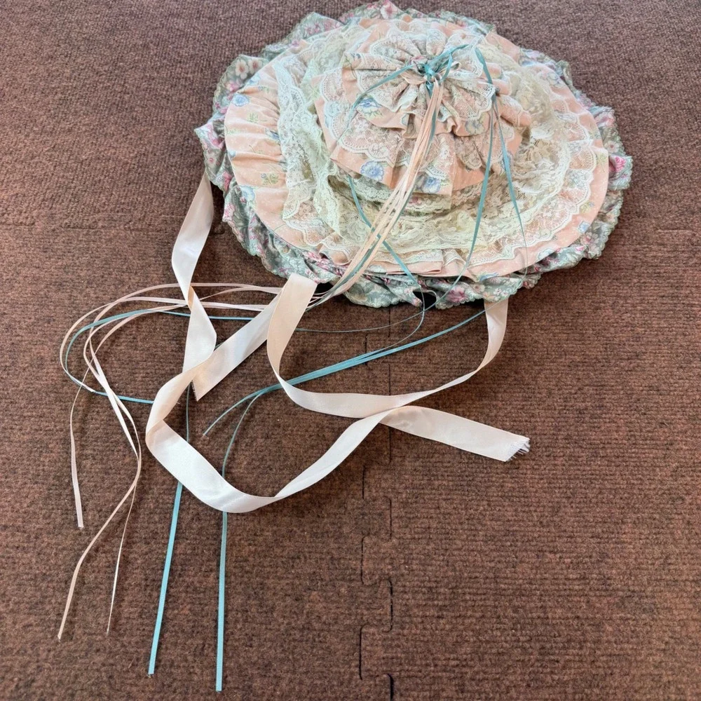 Vintage Floral Lace Ruffle Bonnet Cottagecore Tea Party Hat Pink Green Ribbon B-
